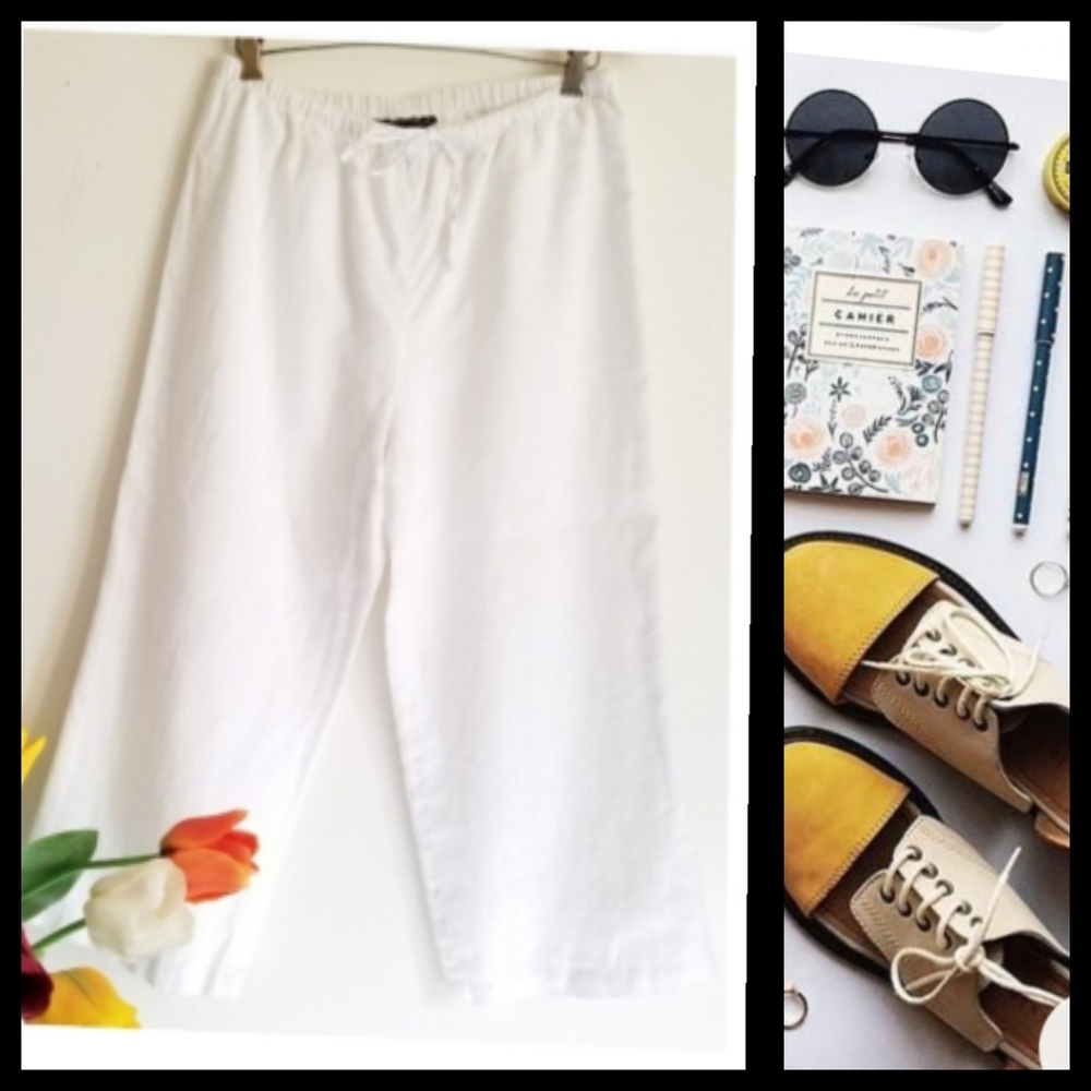 White Linen Cropped High Waist Wide Leg Pant Size Large▪